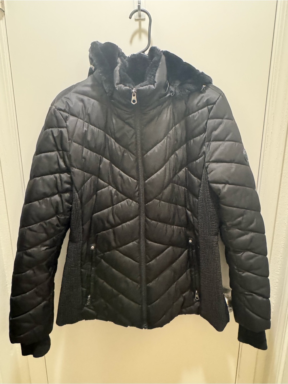 Nautica Black Quilted Puffer Jacket with Faux-Fur Trim